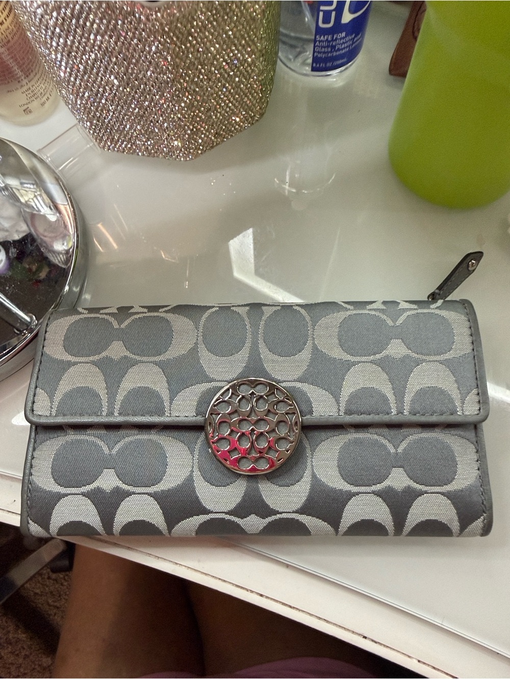 Coach Gray Signature Jacquard Wallet with Decorative Silver Medallion